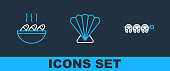 Set line Grilled fish steak Fish soup and Scallop sea shell icon. Vector.