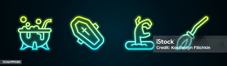 istock Set line Halloween witch cauldron, Coffin with cross, Zombie hand and Witches broom. Glowing neon icon. Vector 1336099580