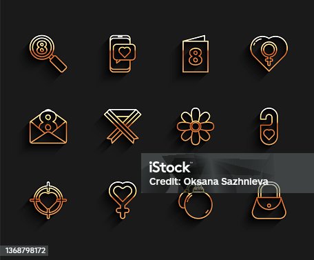 istock Set line Heart in the center of target aim, Female gender symbol, Search 8 March, Perfume, Handbag, Breast cancer awareness ribbon, Please do not disturb with heart and Flower icon. Vector 1368798172