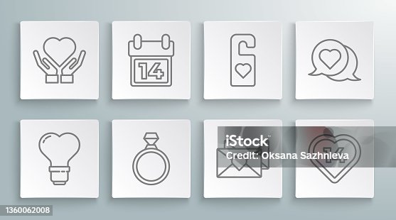 istock Set line Heart shape in a light bulb, Calendar with February 14, Diamond engagement ring, Envelope Valentine heart, Please do not disturb, speech bubble and hand icon. Vector 1360062008