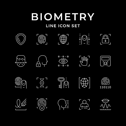 Set line icons of biometry isolated on black. Biometric identification, face and voice recognition, touch id, eye and finger scanner, fingerprint, protection method. Vector illustration