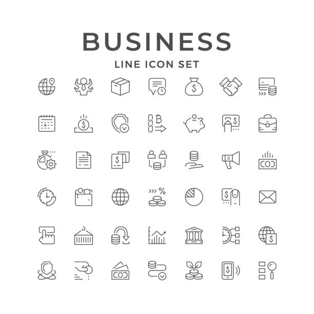 Set line icons of business Set line icons of business isolated on white. Time management, money, finance, marketing, freight transportation, advertisement, bank, paper currency, calendar, moneybox. Vector illustration global currency stock illustrations