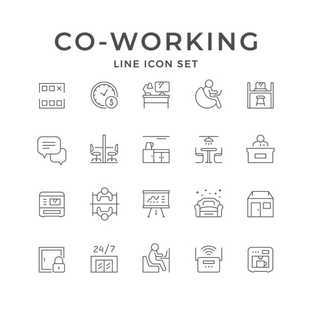 Set line icons of co-working Set line icons of co-working isolated on white. Reception desk, canteen or kitchen, hourly payment, office workplace, meeting room, relax zone, internet router, business area. Vector illustration coworking stock illustrations
