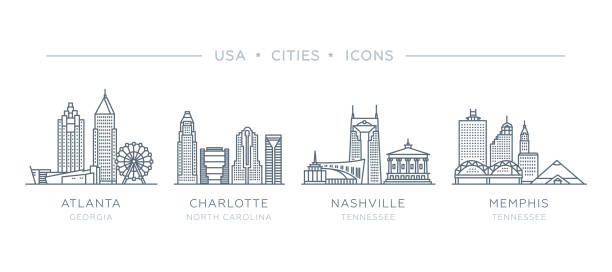 Set line icons of famous and largest cities of USA. Vector outline illustration, flat design, white isolated. State of Georgia, North Carolina, Tennessee. Atlanta, Charlotte, Nashville, Memphis nashville stock illustrations