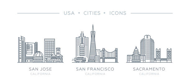 Set line icons of famous and largest cities of USA. Vector outline illustration, flat design, white isolated. State of California. San Francisco, San Jose, Sacramento san francisco stock illustrations