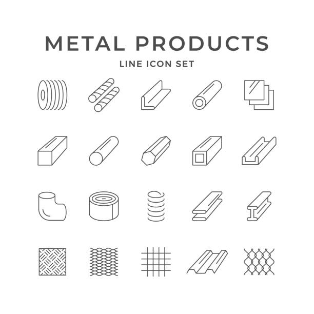 Set line icons of metal products Set line icons of metal products isolated on white. Iron or steel industry. Wire, tube, armature, pipe, diamond plate, sheet, hexagon, rabitz, girder. Vector illustration metal icons stock illustrations