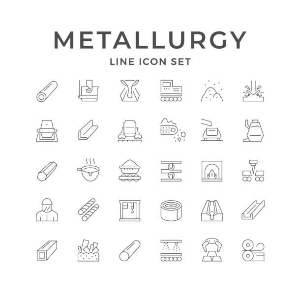 Set line icons of metallurgy Set line icons of metallurgy isolated on white. Industry equipment, metal product, employee or worker, conveyor, gantry crane, metal scrap recast, metallurgical factory. Vector illustration metal icons stock illustrations