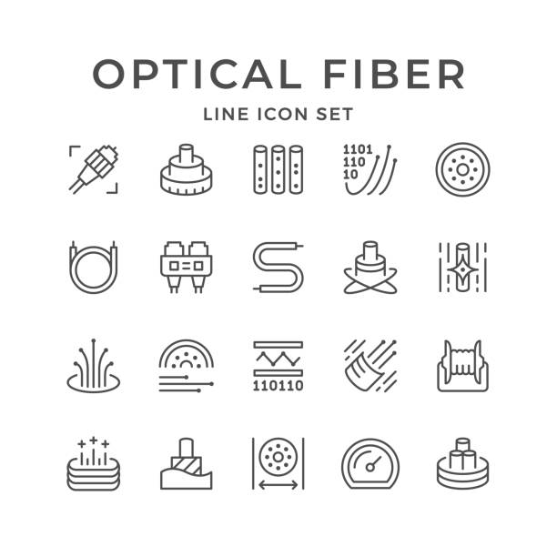 Set line icons of optical fiber Set line icons of optical fiber isolated on white. Cable, plug, wire, cord, broadband connection, information transfer. Vector illustration computer cable stock illustrations