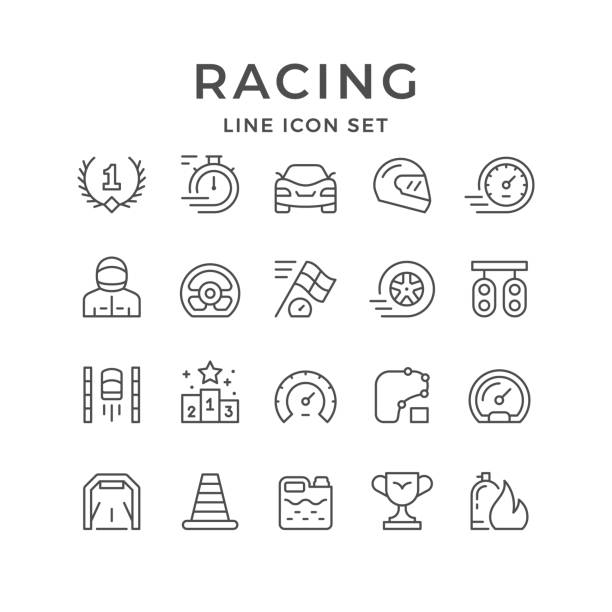illustrations, cliparts, dessins animés et icônes de définir les icônes de ligne de course - casque moto