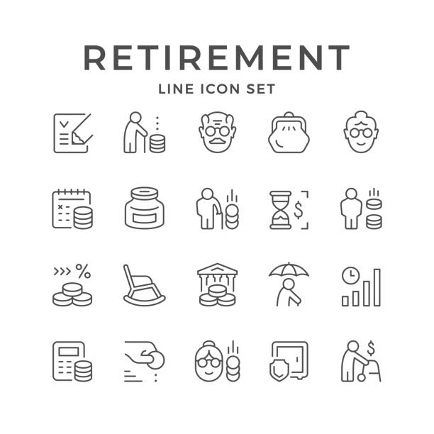 Set line icons of retirement or pension Set line icons of retirement or pension isolated on white. Moneybox, calculating, old man and woman, money safe. Vector illustration retirement stock illustrations