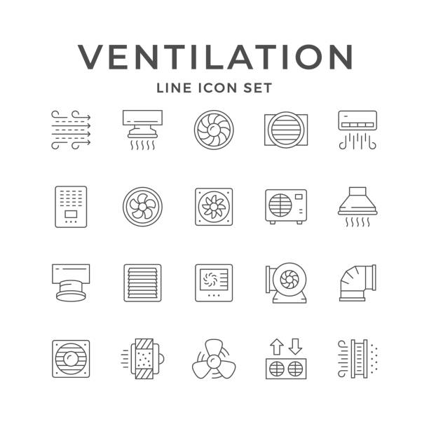 Set line icons of ventilation Set line icons of ventilation isolated on white. Conditioner, airflow, electric fan, cooker hood, vent pipe, HVAC, control panel, air filtration, house conditioning, turbine. Vector illustration control panel illustrations stock illustrations