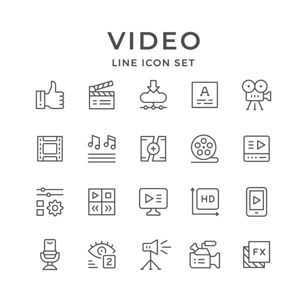 ilustraciones, imágenes clip art, dibujos animados e iconos de stock de iconos de línea ajuste de video - video editing