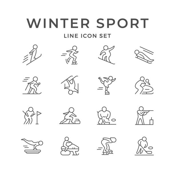 stockillustraties, clipart, cartoons en iconen met reeks lijnpictogrammen van wintersport - curling