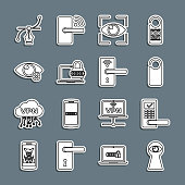 istock Set line Keyhole with eye, Digital door lock wireless, Please not disturb, Eye scan, Laptop password, Invisible hide, Bezier curve and icon. Vector 1357310127