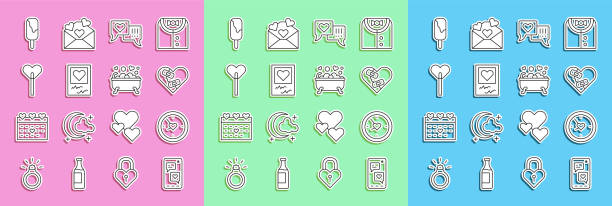Set line Mobile with heart, Clock, Healed broken, Heart in speech bubble, Photo frames and hearts, Lollipop, Ice cream and Romantic bathroom icon. Vector Set line Mobile with heart Clock Healed broken Heart in speech bubble Photo frames and hearts Lollipop Ice cream and Romantic bathroom icon. Vector. divorce borders stock illustrations