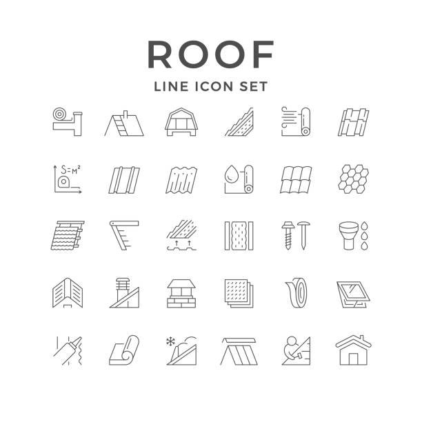 Set line outline icons of roof Set line outline icons of roof isolated on white. House construction, different types of tile, insulation, attic ladder, ventilation pipe, chimney, sealant, construction service. Vector illustration metal symbols stock illustrations