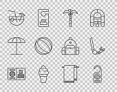 istock Set line Passport, Please do not disturb, Tropical palm tree, Ice cream in waffle cone, Coconut cocktail, Beach ball, Towel hanger and Snorkel icon. Vector 1364565810