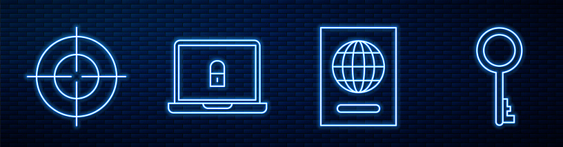 Set line Passport, Target sport, Laptop and lock and Old key. Glowing neon icon on brick wall. Vector