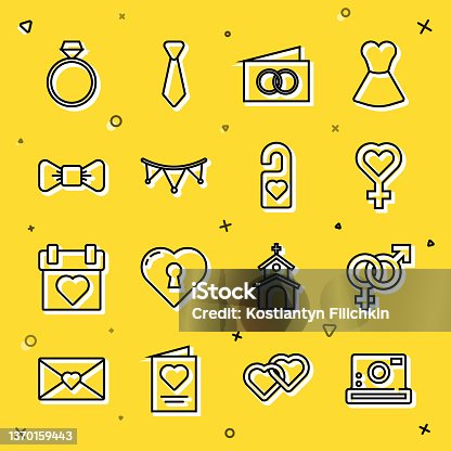 istock Set line Photo camera, Gender, Female gender symbol, Greeting card, Carnival garland with flags, Bow tie, Diamond engagement ring and Please do not disturb icon. Vector 1370159443