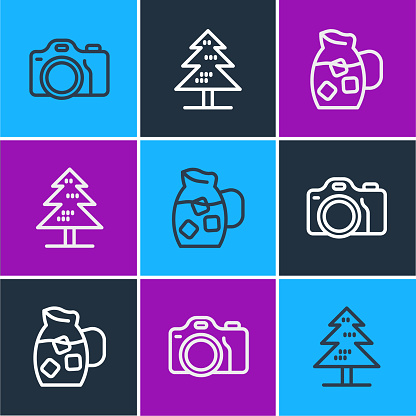 Set line Photo camera Jug glass with water and Tree icon. Vector.