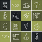istock Set line Please do not disturb, Compass, Calendar and airplane, Scallop sea shell, Suitcase, Sunscreen spray bottle, Photo camera and Wind rose icon. Vector 1368818955