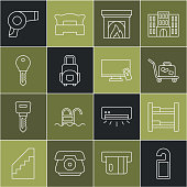 istock Set line Please do not disturb, Hotel room bed, Trolley suitcase, Interior fireplace, Suitcase, door lock key, Hair dryer and Smart Tv icon. Vector 1364573429