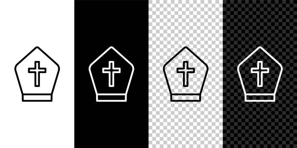 ilustrações de stock, clip art, desenhos animados e ícones de set line pope hat icon isolated on black and white,transparent background. christian hat sign. vector - pope