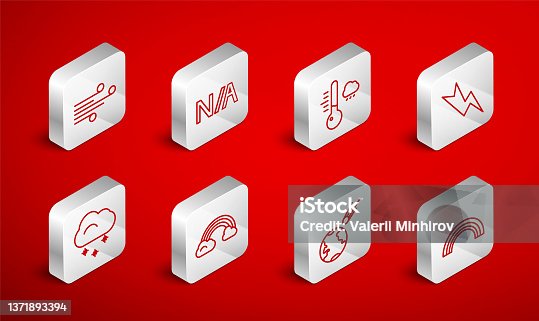 istock Set line Rainbow, Not applicable, Meteorology thermometer, Lightning bolt, Comet falling down fast, Wind, with clouds and Cloud snow icon. Vector 1371893394
