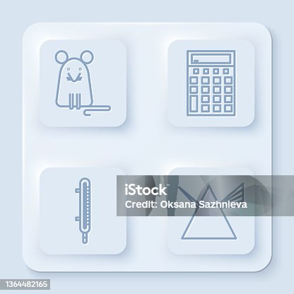 istock Set line Rat, Calculator, Meteorology thermometer measuring and Light rays in prism. White square button. Vector 1364482165