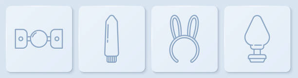 設置線矽膠球 gag 帶皮帶,面罩長兔子耳朵,迪爾多振動器和肛門插頭。白色方形按鈕。向量。 - 人類性行為 插圖 幅插畫檔、美工圖案、卡通及圖標