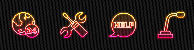 Set line Speech bubble with text Help, Telephone 24 hours support, Screwdriver and wrench spanner and Microphone. Glowing neon icon. Vector.