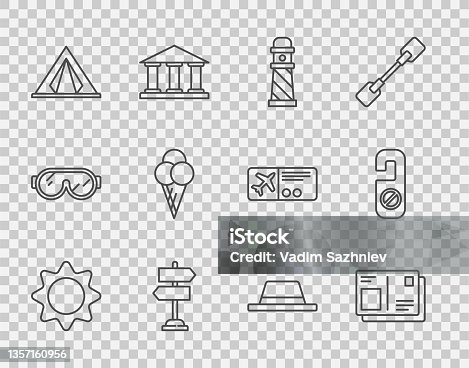 istock Set line Sun, Passport with visa stamp, Lighthouse, Road traffic sign, Tourist tent, Ice cream in waffle cone, Man hat ribbon and Please do not disturb icon. Vector 1357160956