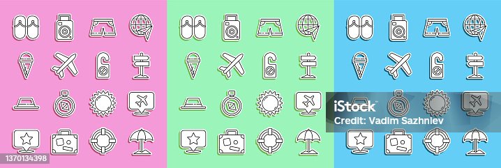 istock Set line Sun protective umbrella for beach, Speech bubble with airplane, Road traffic signpost, Swimming trunks, Plane, Ice cream waffle cone, Flip flops and Please do not disturb icon. Vector 1370134398