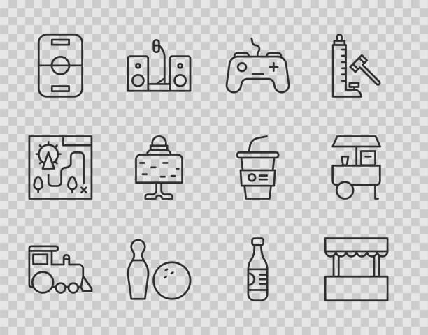 ilustrações de stock, clip art, desenhos animados e ícones de set line toy train, ticket box office, gamepad, bowling pin and ball, hockey table, magic on, bottle water and fast street food cart icon. vector - plastic hammers