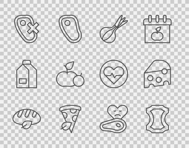 set line vegan bread loaf, leather, onion, pizza slice, no meat, apple, steak and cheese icon. vector - meat loaf 幅插畫檔、美工圖案、卡通及圖標