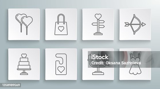 istock Set line Wedding cake with heart, Shopping bag, Please do not disturb, Candlestick, Woman dress, Signpost, Bow arrow and Balloons form of ribbon icon. Vector 1358989569