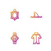 Set line Wetsuit, Diving watch, Turtle and Shark fin ocean wave. Gradient color icons. Vector.