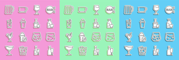 ilustrações de stock, clip art, desenhos animados e ícones de set line wine bottle with glass, glass of whiskey, alcohol drink rum, cocktail shaker, bloody mary, wooden beer mug and whiskey and icon. vector - blood bar