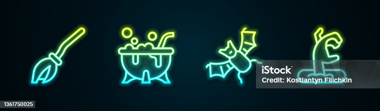istock Set line Witches broom, Halloween witch cauldron, Flying bat and Zombie hand. Glowing neon icon. Vector 1361750025