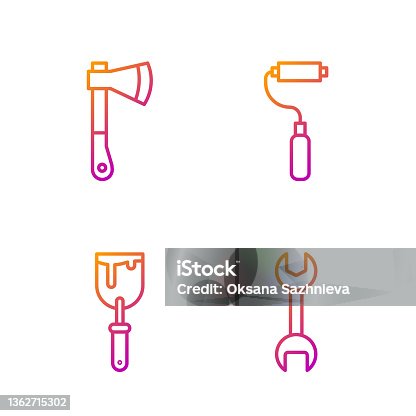 istock Set line Wrench spanner, Putty knife, Wooden axe and Paint roller brush. Gradient color icons. Vector 1362715302