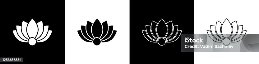 istock Set Lotus flower icon isolated on black and white background. Vector Illustration 1253636854