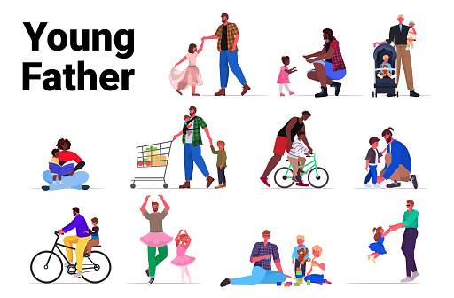 set mix race fathers spending time with little children parenting fatherhood concept full length horizontal vector illustration
