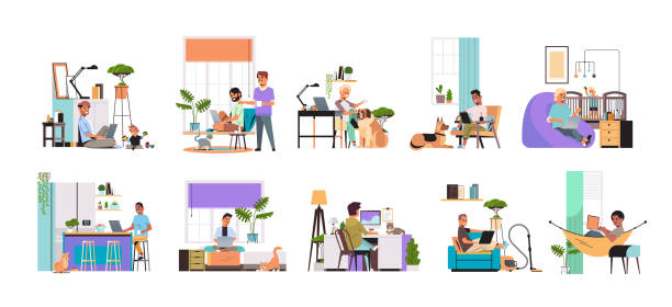ilustrações, clipart, desenhos animados e ícones de definir mistura raça homens freelancers usando laptop trabalhando em casa durante a quarentena coronavírus freelancer - home office