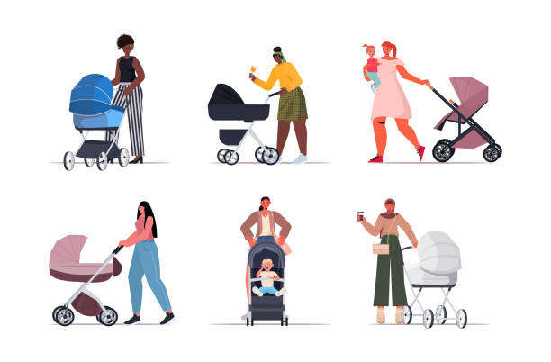 set mix race mothers walking with newborn babies in stroller motherhood concept set mix race mothers walking with newborn babies in stroller motherhood concept full length horizontal vector illustration baby carriage stock illustrations