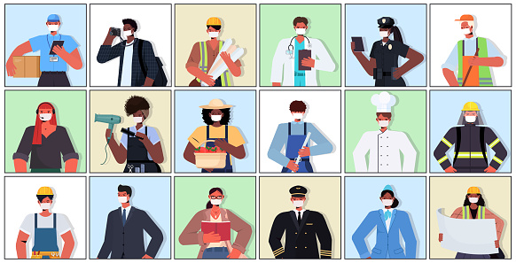 set mix race people of different occupations wearing masks to prevent coronavirus pandemic labor day celebration