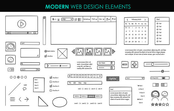 Set modern design elements page template. Website UI UX design hand drawn wire frames. Web elements with navigation, buttons, icons for use on the site. Vector illustration. Set modern design elements page template. Website UI UX design hand drawn wire frames. Web elements with navigation, buttons, icons for use on the site. Vector illustration. website wireframe stock illustrations