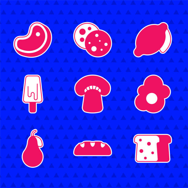 ustaw ikonę grzybów, bochenków chleba, tostów, jajecznicy, gruszki, lodów, cytryny i steku. wektor - meat loaf stock illustrations
