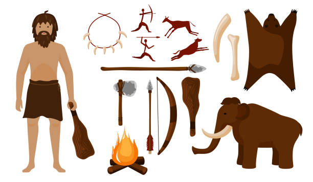 ilustrações de stock, clip art, desenhos animados e ícones de set neanderthal. different tools for caveman hammer, axe, spear, bow, arrow, stick, necklace, bone, campfire, animal, mammoth. - fire caveman