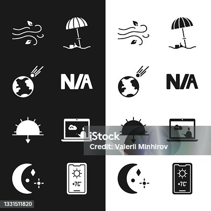 istock Set Not applicable, Comet falling down fast, Wind, Sun protective umbrella for beach, Sunset, Weather forecast, and Moon and stars icon. Vector 1331511820