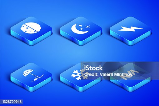 istock Set Not applicable, Eclipse of the sun, Snowflake, Sun protective umbrella for beach, Moon and stars and Lightning bolt icon. Vector 1328720946